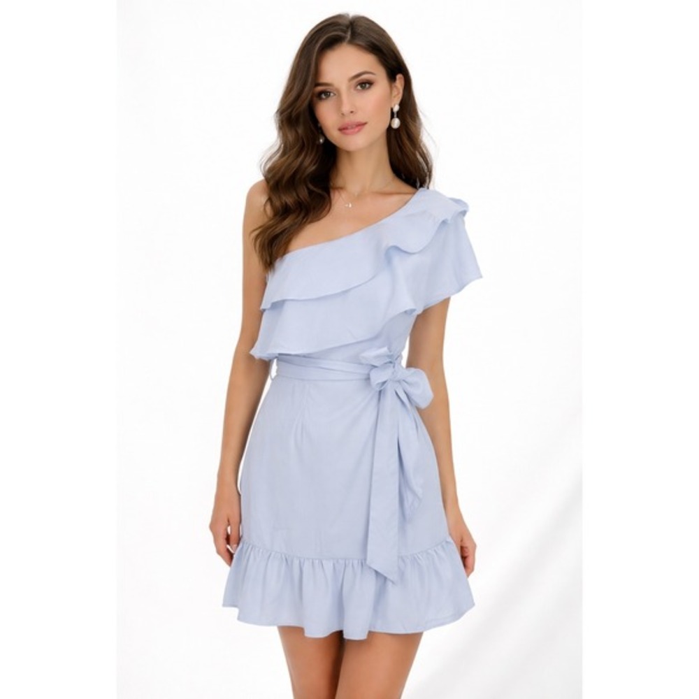 On Twelfth One Shoulder Ruffle Dress Women Size S Blue‎